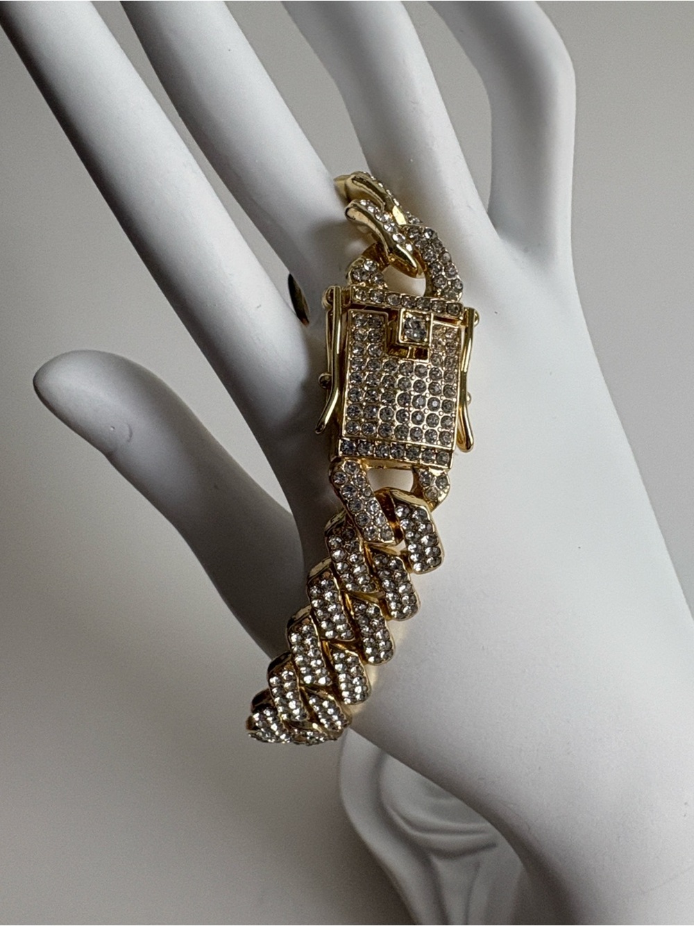 Gold Pavé Cuban Link Bracelet Crystal Statement Chain Jewelry